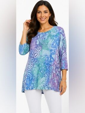 Creation NWOT Textured Floral Tunic Top Blue Purple Green Medium